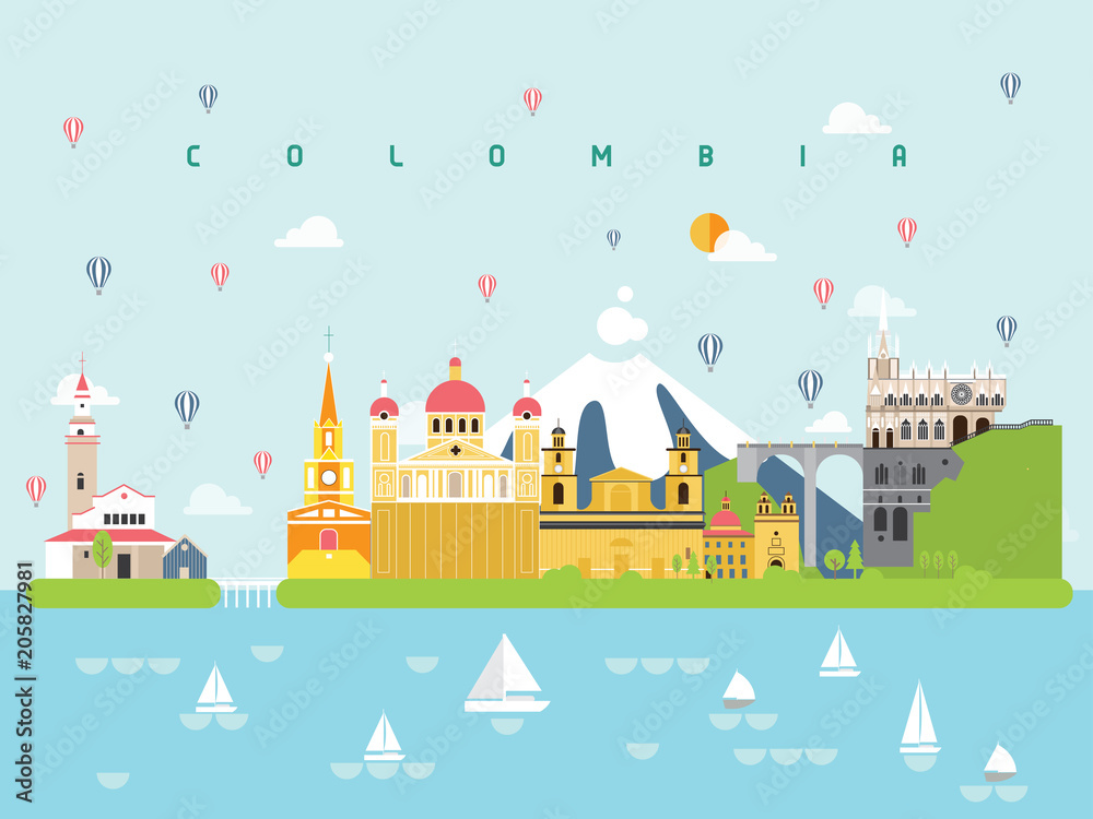Colombia Famous Landmarks Infographic Templates for Traveling Minimal Style and Icon, Symbol Set Vector Illustration Can be use for Poster Travel book, Postcard, Billboard.
