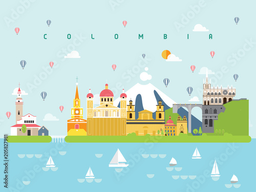Colombia Famous Landmarks Infographic Templates for Traveling Minimal Style and Icon, Symbol Set Vector Illustration Can be use for Poster Travel book, Postcard, Billboard.