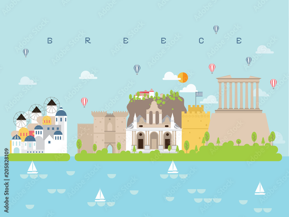 Greece Famous Landmarks Infographic Templates for Traveling Minimal Style and Icon, Symbol Set Vector Illustration Can be use for Poster Travel book, Postcard, Billboard.