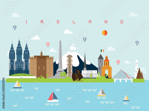 Ireland Famous Landmarks Infographic Templates for Traveling Minimal Style and Icon, Symbol Set Vector Illustration Can be use for Poster Travel book, Postcard, Billboard.