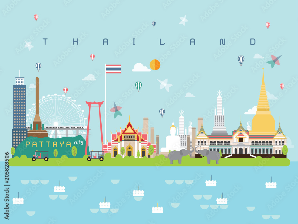 Thailand Famous Landmarks Infographic Templates for Traveling Minimal Style and Icon, Symbol Set Vector Illustration Can be use for Poster Travel book, Postcard, Billboard
