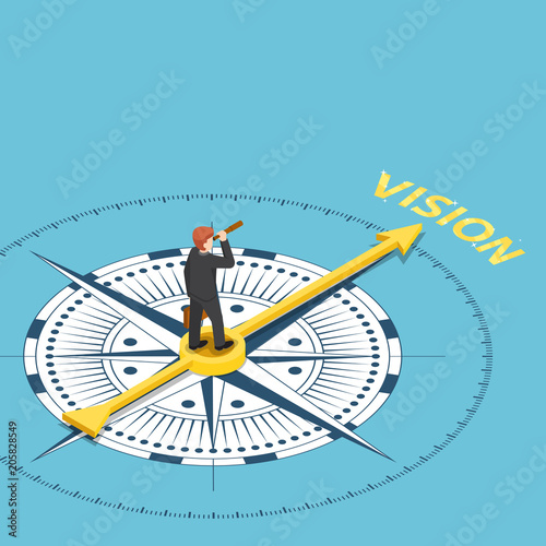Isometric businessman with spyglass telescope on compass that point to vision word