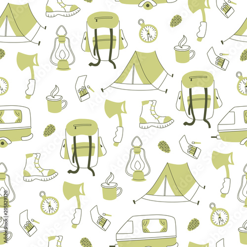 Seamless Pattern with Camping Equipment. Vector Illustration.