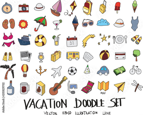 Hand drawn Sketch doodle vector line Vacation colour icon set on white eps10