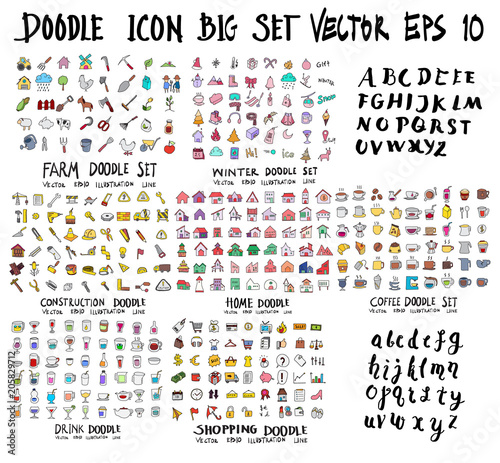 Doodle Vector Big collection of farm, winter, construction, home, coffee, drink, shopping, font on white background