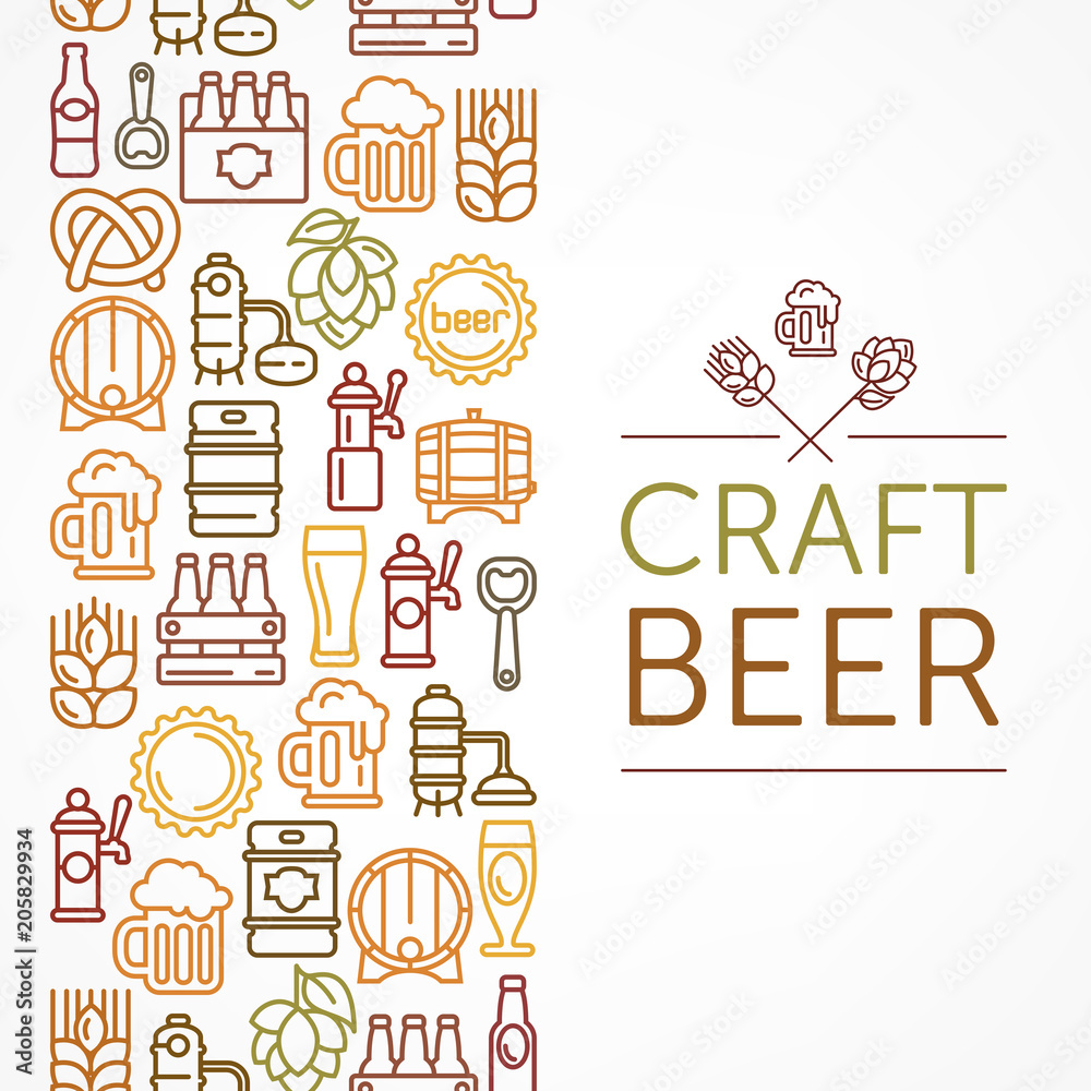 Vintage banner for craft brewery, linear color icons and text