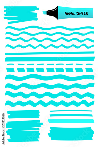 Highlighter permanent pen color hand drawn objects set. Flat blue vector illustration with scribbled rectangle, wavy lines, solid stripes and sketchy dashed or dotted strokes highlight hand drawings