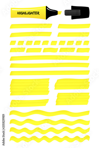 Hand drawn highlighter brush graphic set. Yellow layered scribbled rectangle with wavy lines, solid stripes hand drawings with highlight permanent marker. Vector illustration for business presentation