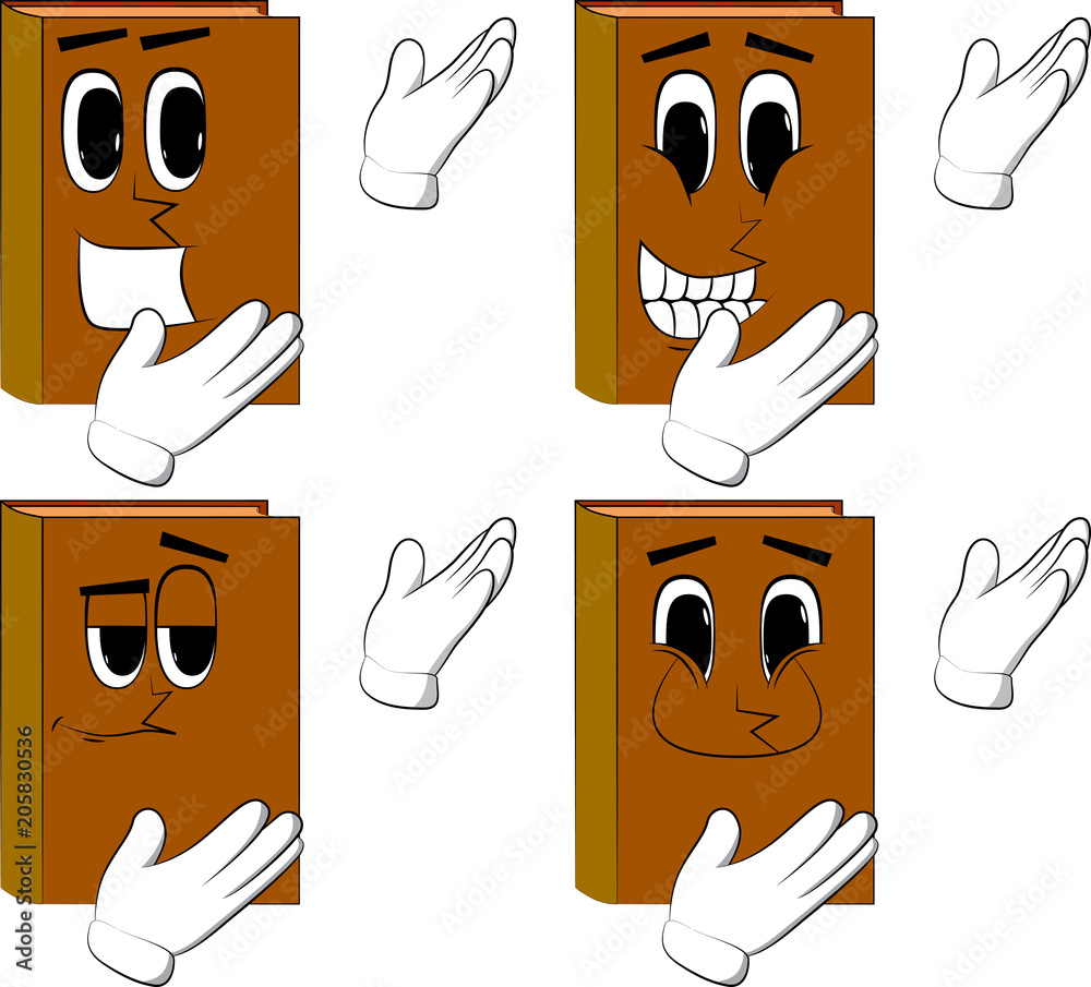 Books showing something with both hands, powerful hand gesture. Cartoon book collection with happy faces. Expressions vector set.