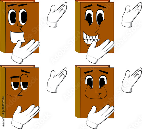 Books showing something with both hands, powerful hand gesture. Cartoon book collection with happy faces. Expressions vector set.