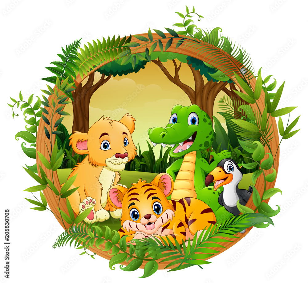 Naklejka premium Happy animals in frame forest
