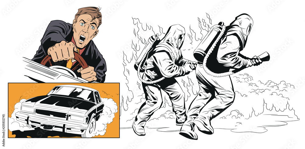 Obraz premium Collage on theme car accident. Rescuer in protective suit.
