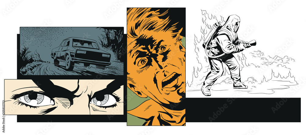 Fototapeta premium Collage on theme car accident. Rescuer in protective suit.