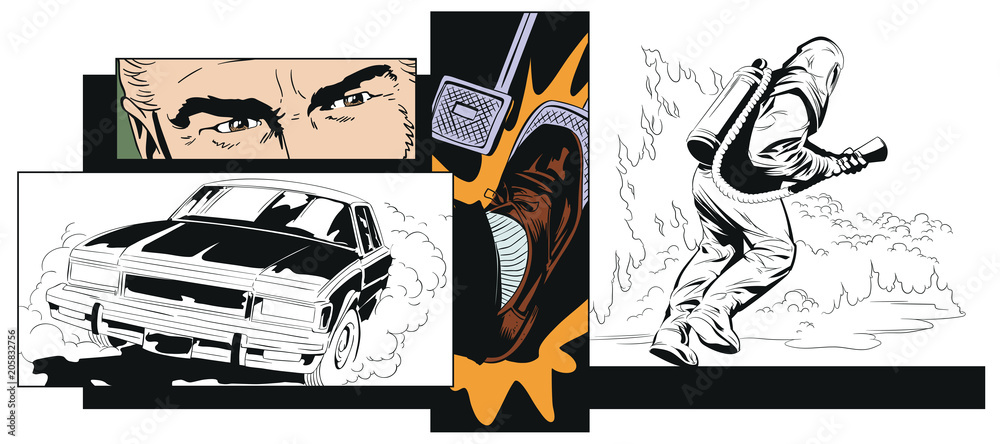 Fototapeta premium Collage on theme car accident. Rescuer in protective suit.