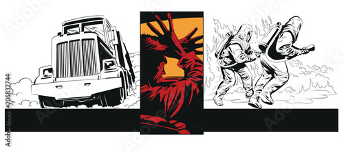 Collage on theme car accident. Rescuer in protective suit.