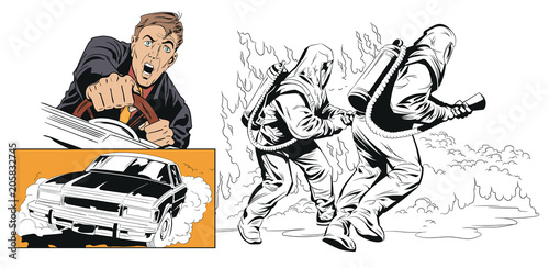 Collage on theme car accident. Rescuer in protective suit.