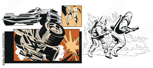 Collage on theme car accident. Rescuer in protective suit.
