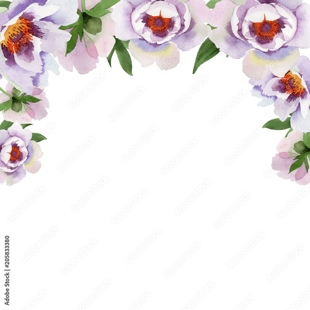 Gently pink peonies. Floral botanical flower.Frame border ornament square. Aquarelle wildflower for background, texture, wrapper pattern, frame or border.