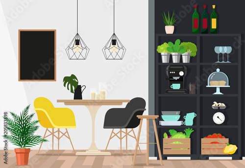 Interior design of an industrial kitchen. Vector flat illustration.