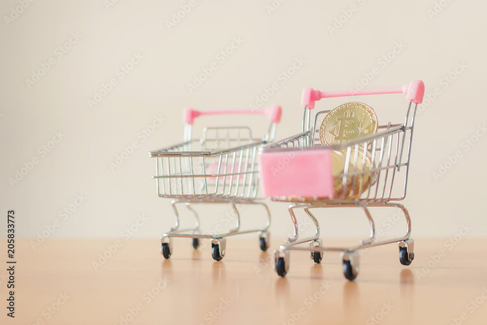 buying goods for crypto currency Shopping trolley cart with Coins bitcoin. Empty space for text