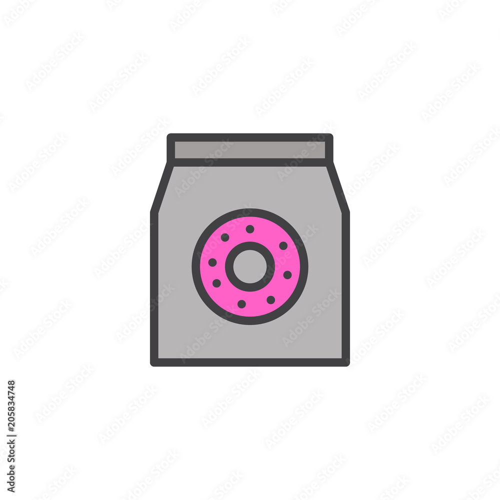 Doughnuts bag filled outline icon, line vector sign, linear colorful pictogram isolated on white. Take away fast food symbol, logo illustration. Pixel perfect vector graphics Doughnuts bag filled outline icon, line vector sign, linear colorful pictogram isolated on white. Take away fast food symbol, logo illustration. Pixel perfect vector graphics