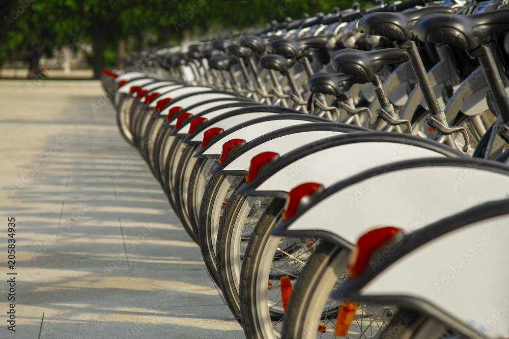 Fototapeta premium Close up of rental bicycles on rental station on the street