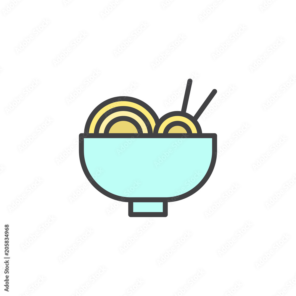 Noodles bowl with chopsticks filled outline icon, line vector sign, linear colorful pictogram isolated on white. Asian food symbol, logo illustration. Pixel perfect vector graphics Noodles bowl with chopsticks filled outline icon, line vector sign, linear colorful pictogram isolated on white. Asian food symbol, logo illustration. Pixel perfect vector graphics