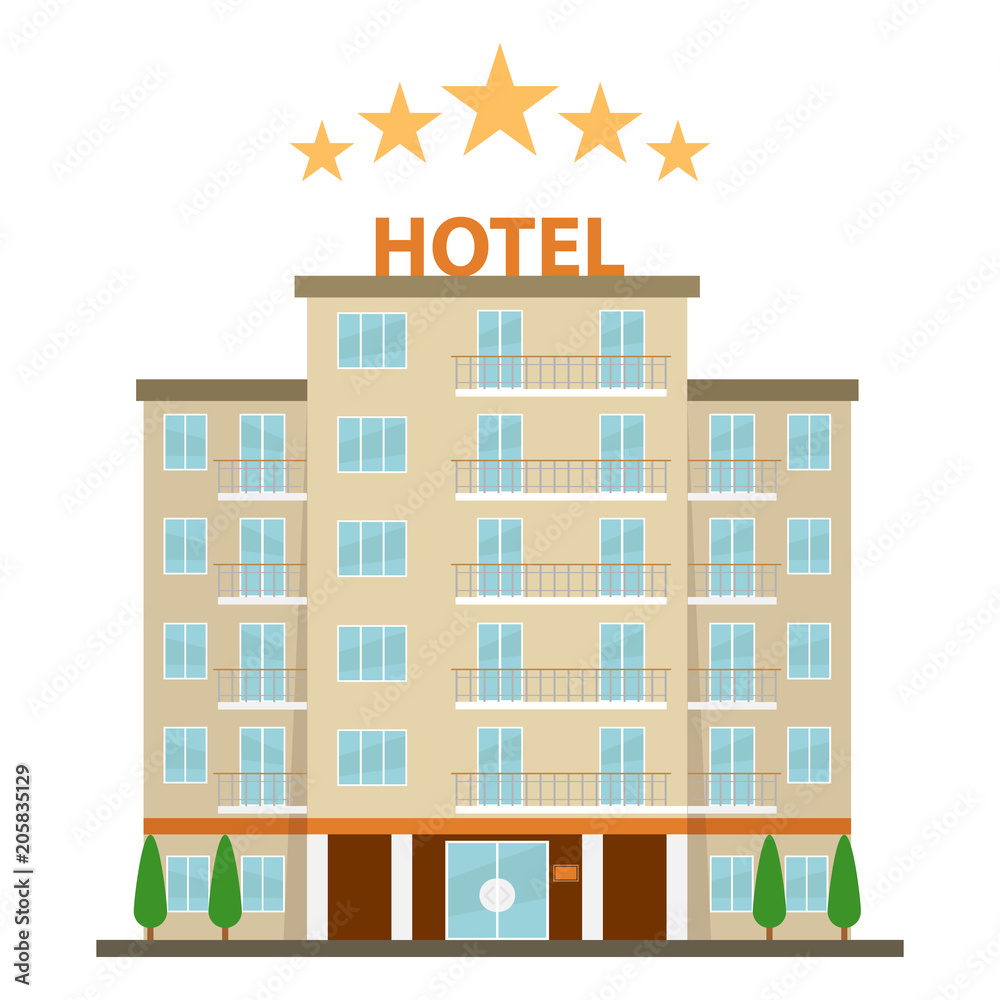 Hotel, hotel icon. Five-star hotel on a white background.