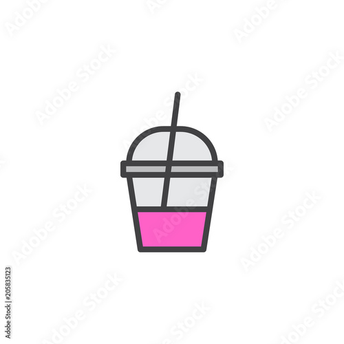 Cherry Milk shake container filled outline icon, line vector sign, linear colorful pictogram isolated on white. Plastic cup drink with straw symbol, logo illustration. Pixel perfect vector graphics
