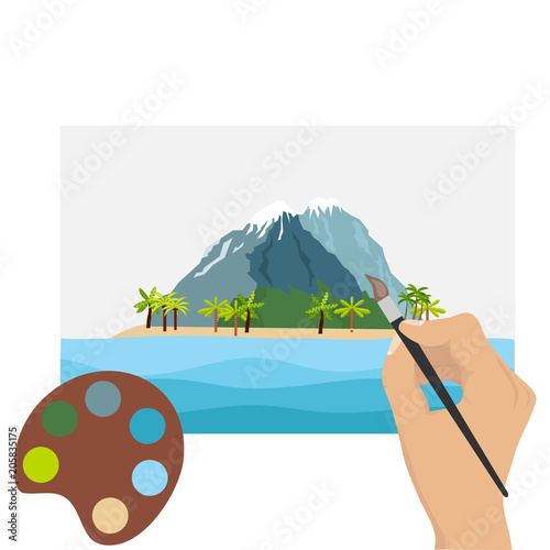 A hand with a brush paints a picture. Draw a landscape.