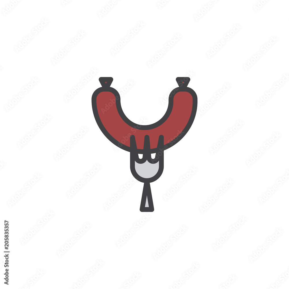 Sausage on fork filled outline icon, line vector sign, linear colorful pictogram isolated on white. Grilled sausage symbol, logo illustration. Pixel perfect vector graphics Sausage on fork filled outline icon, line vector sign, linear colorful pictogram isolated on white. Grilled sausage symbol, logo illustration. Pixel perfect vector graphics