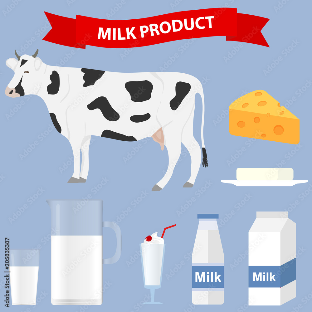 Dairy products, a set of dairy products. Cow, milk, cheese, kefir. Stock  Vector | Adobe Stock