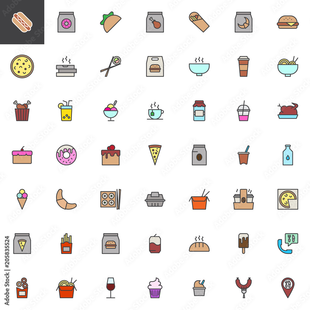 Take away food filled outline icons set, line vector symbol collection, linear colorful pictogram pack. Signs, logo illustration, Set includes icons as Hot dog, Taco, Shawarma, Burger, French fries Take away food filled outline icons set, line vector symbol collection, linear colorful pictogram pack. Signs, logo illustration, Set includes icons as Hot dog, Taco, Shawarma, Burger, French fries