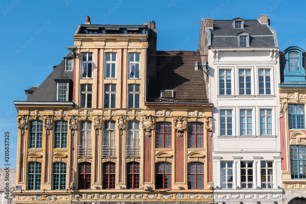 Lille, former facades in the center, beautiful town in the north of France 
