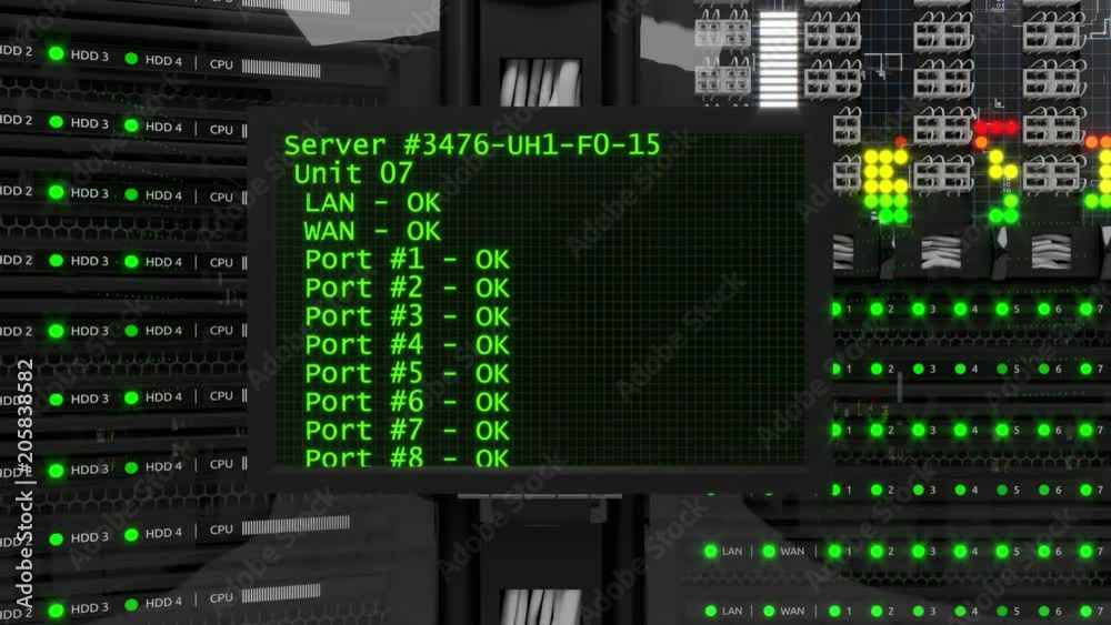 Modern working server room with rack servers. Cloud computing in datacenter, information storage, normal operation of computer equipment with flashing green light indicators. Backward movement Modern working server room with rack servers. Cloud computing in datacenter, information storage, normal operation of computer equipment with flashing green light indicators. Backward movement