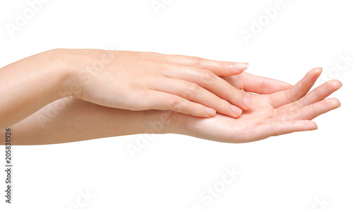 Bilde på lerret Beautiful women hands isolate, applying cream, massaging