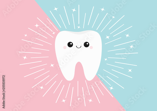Healthy tooth icon. Cute kawaii face with eyes and smile. Round line circle. Flat design. Oral dental hygiene. Children teeth care. Shining effect stars. Pink blue pastel color background.