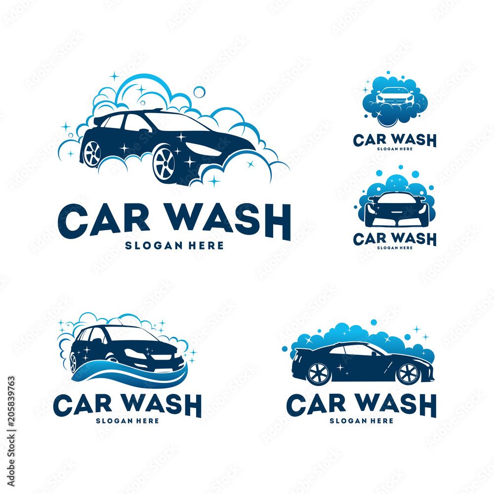 Naklejka premium Zestaw wektor koncepcja logo myjni samochodowej, szablon logo czyszczenia samochodowych