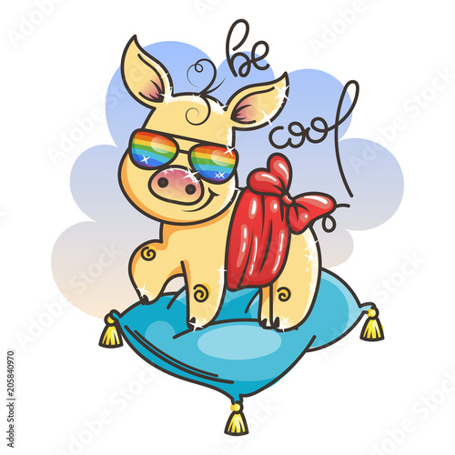 Cute cartoon golden baby pig in a cool rainbow glasses