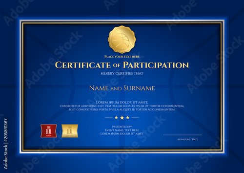 Certificate template in basketball sport theme with blue background and border frame, Diploma design