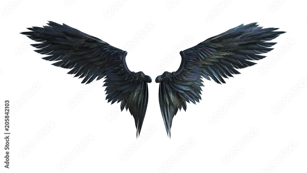Naklejka premium Ilustracja 3D Demon Wings, upierzenie Black Wing samodzielnie na białym tle ze ścieżką przycinającą.
