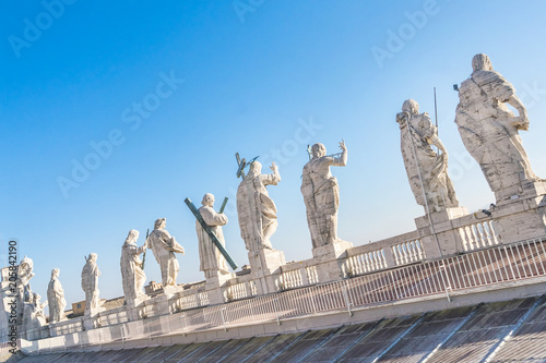 Detail of the St Peter's Basilica in Vatican. Statues on the top of St Peter's Basilica