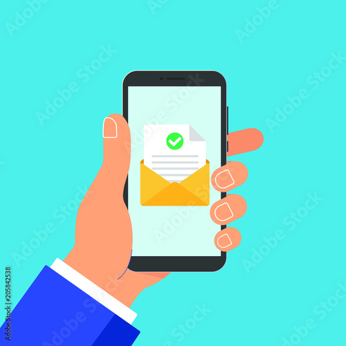 Hand hold phone with envelope document paper sheet  page check mark tick and text icon sign vector illustration. Symbol of email delivery, verification flat design concept isolated on blue background.