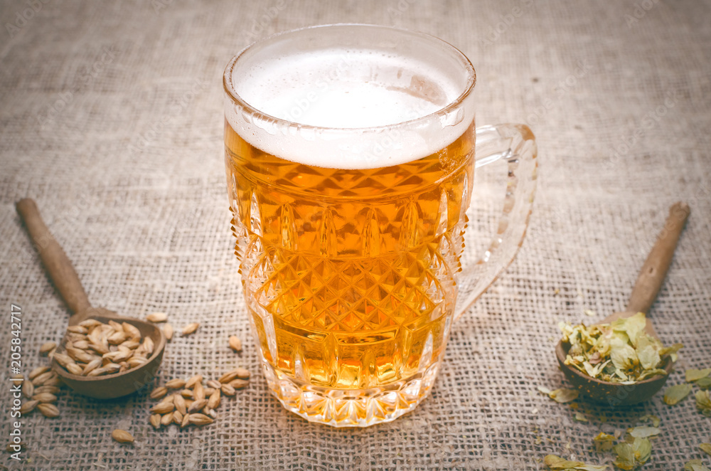 Glass of light beer with scattered around hop and malt and rye ears on aged wooden table background. Glass of light beer with scattered around hop and malt and rye ears on aged wooden table background.