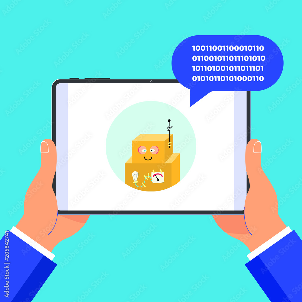 Hands holding black tablet device isolated on blue background. Pad tablet in human hands chat bot icon and popped chat bubble above flat design vector illustration. Symbol of ai chat bot conversatio Hands holding black tablet device isolated on blue background. Pad tablet in human hands chat bot icon and popped chat bubble above flat design vector illustration. Symbol of ai chat bot conversatio