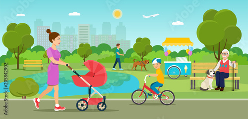 Vector summertime flat illustration. People in the park