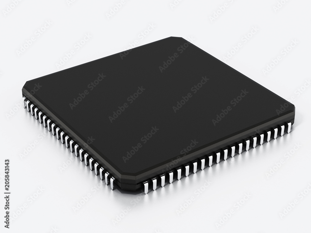 Black computer microchip isolated on white background. 3D illustration Black computer microchip isolated on white background. 3D illustration