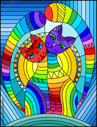 Illustration in stained glass style with a pair of abstract geometric rainbow cats on a blue background with sun 
