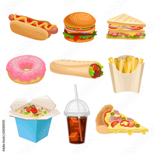 Flat vector set of fast-food icons. Delicious snack for lunch. Unhealthy nutrition