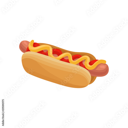 Flat vector icon of hot dog. Sausage in soft roll topped with ketchup and mustard. Design for menu, cafe branding or promo flyer